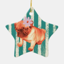 cute green retro stripes pug puppy christmas tree ornament