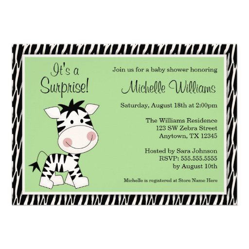 Cute Green Zebra Gender Neutral Baby Shower Personalized Announcement (front side)
