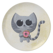 Cute Grey Cat and Donut Dinner Plate