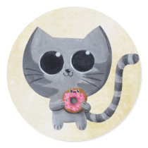 Cute Grey Cat and Donut Round Stickers