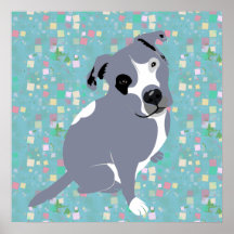 Cute Grey Pitbull Puppy on Squares Pattern Poster