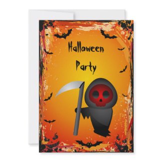 Cute Grim Reaper &amp; Bats Halloween Party Custom Announcements