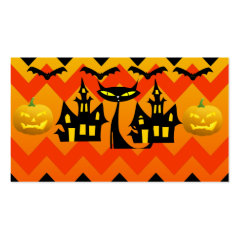 Cute Halloween Black Cat Haunted House Chevron Business Card Template