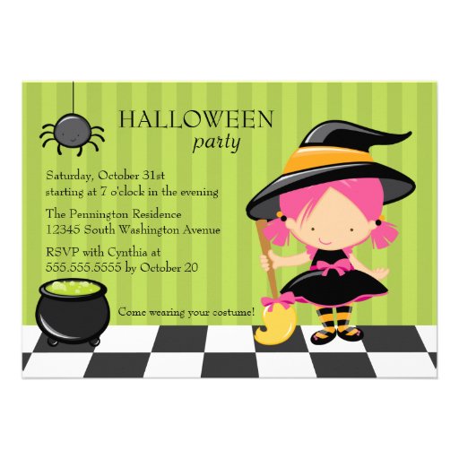 Cute Halloween party witch and spider invitation