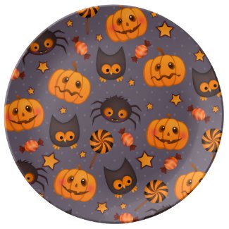 Cute Halloween Pattern Purple Background Porcelain Plates