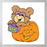 cute halloween teddy bear in pumpkin boo posters