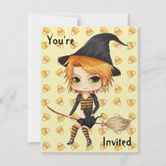 Cute Halloween witch chibi invitations invitation