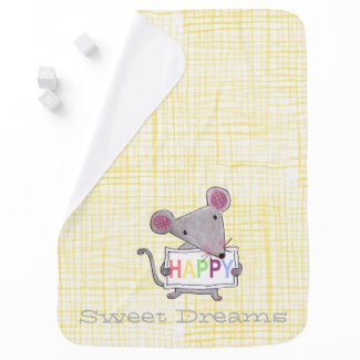 cute hand painted mouse holding a HAPPY sign board Swaddle Blankets