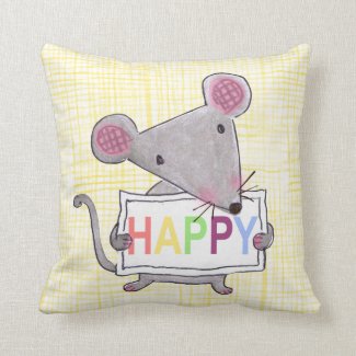 cute hand painted mouse holding a HAPPY sign board Throw Pillows