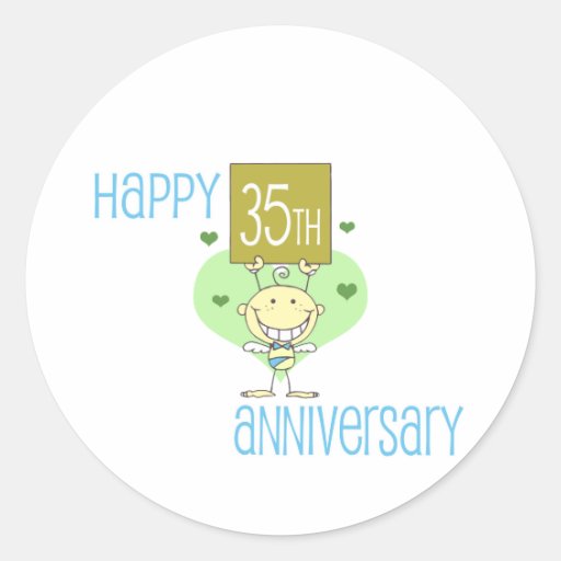 Cute, &ldquo;Happy 35th Anniversary&rdquo; design Classic Round Sticker | Zazzle