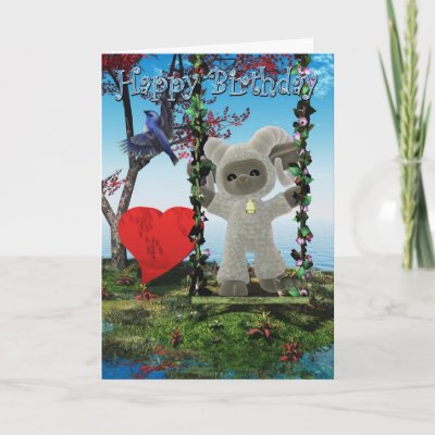 Cute Happy Birthday card with Ram and heart on a swing 