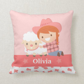 Cute Happy Cowgirl with Lamb Girls Room Decor Throw Pillows