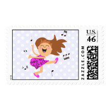 Cute Happy Dancing Girl in pink dress Stamp