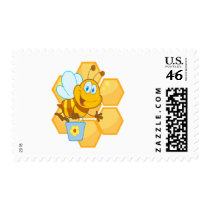 cute happy honey bee and honeycomb postage stamp