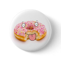 Cute happy pink doughnut character button