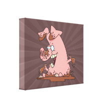 cute happy pink pig in mud cartoon canvas print