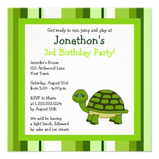Cute Happy Turtle w/ Stripes Birthday Invite