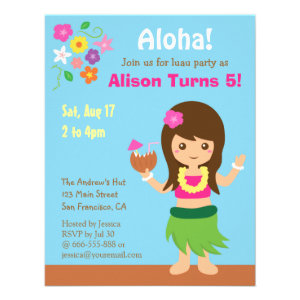 Cute Hawaii Hula Girl Luau Birthday Party Custom Invites