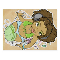 Cute headphone girl with candy postcards