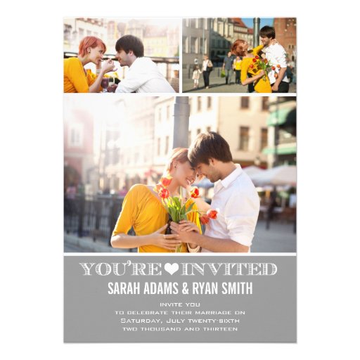 Cute Heart Grey Wedding Three Photo Invitation