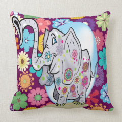 Cute Hippie Elephant with Colorful Flowers Throw Pillows