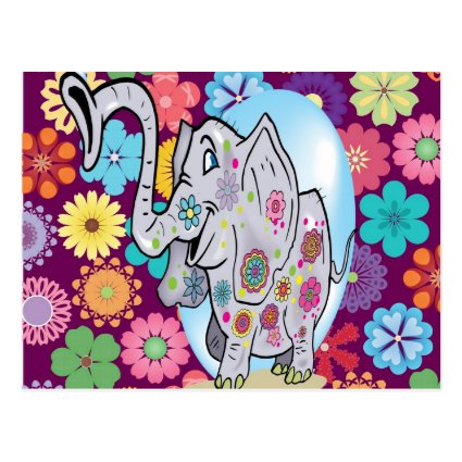 Cute Hippie Elephant with Colorful Flowers Postcards