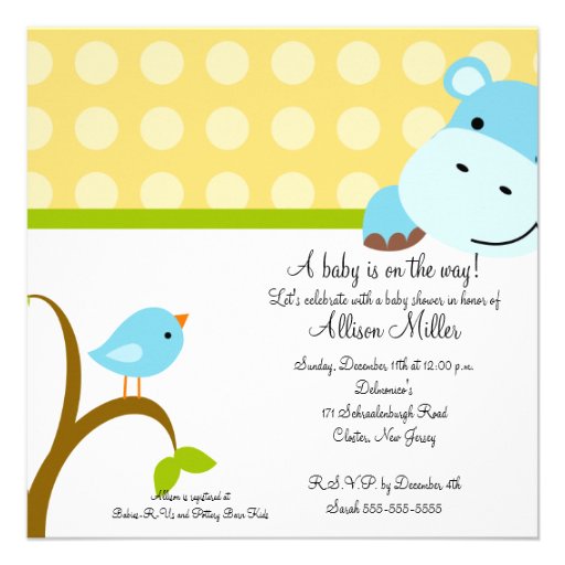 Cute Hippo & Birdie Baby Shower Personalized Invitation