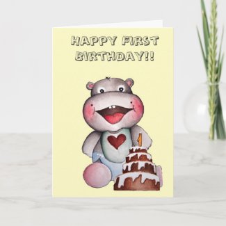 Cute Hippo First Birthday Card