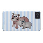 Cute Hippopotamus Mom and Baby - Blue Stripe Case-Mate iPhone 4 Cases