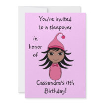 Cute hispanic pajama girl chibi in pink sleepover personalized invite