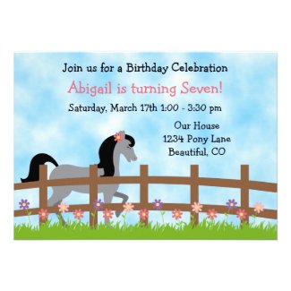 Cute Horse and Flowers Birthday Invitation ~ Girls