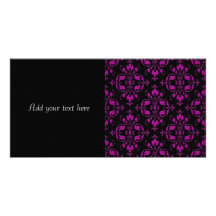Cute Hot Pink over Black Damask Custom Photo Card