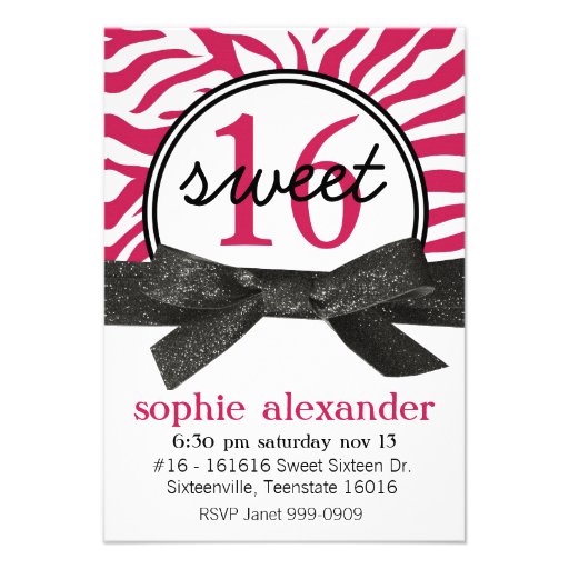 Cute Hot Pink Zebra Pattern Sweet 16 Party Personalized Invites