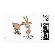 cute hungry goat cartoon postage stamp