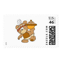cute indian thanksgiving bear with pie postage stamps