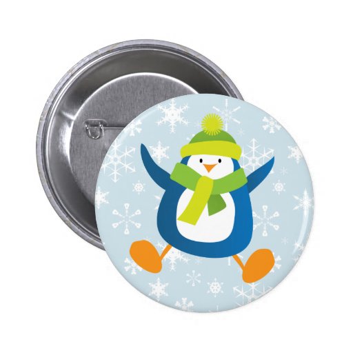 Cute Jumping Blue Penguin Button / Pin Badge