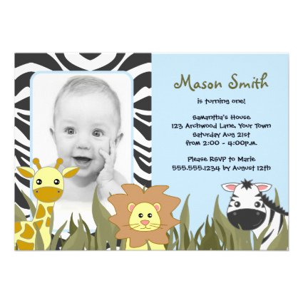 Cute Jungle Animal Photo Birthday Blue Personalized Invites