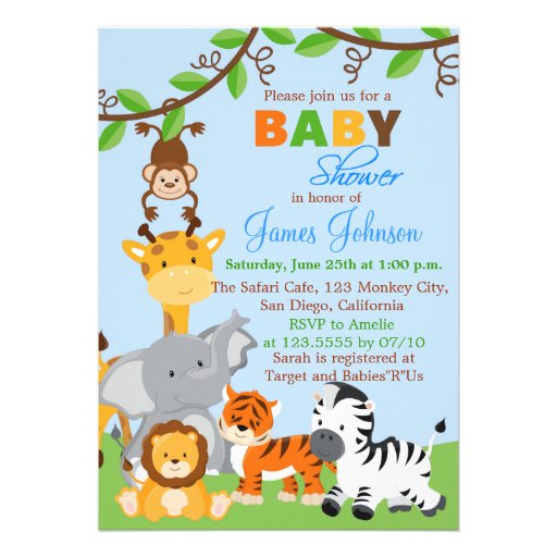 Cute Jungle Animals Boy Baby Shower Invitation