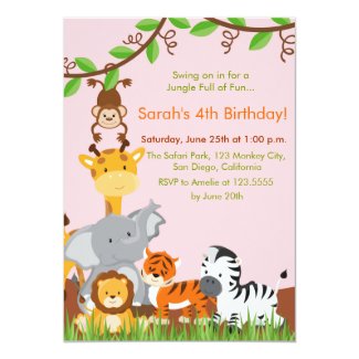 Cute Jungle Animals Girl Birthday Party Invitation Personalized Invitations