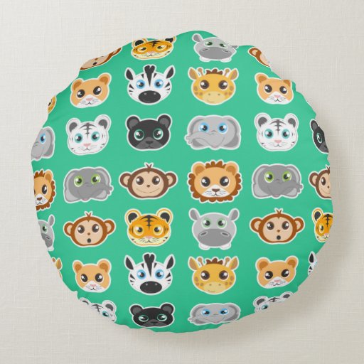 Cute Jungle Animals Pattern Green Round Pillow Zazzle