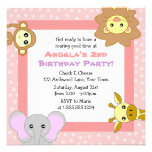 Cute Jungle Animals Pink Kids Birthday Invitations