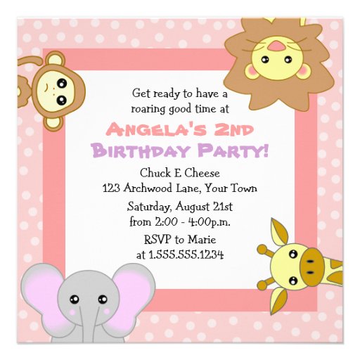 Cute Jungle Animals Pink Kids Birthday Invitations
