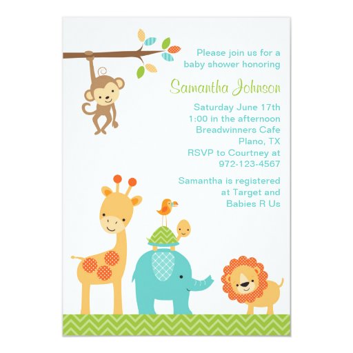 Cute Jungle Safari Animals Baby Shower Invitation Personalized Announcements (front side)