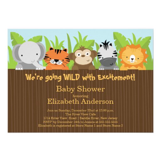 Cute Jungle Safari Animals Baby Shower Invitations (front side)