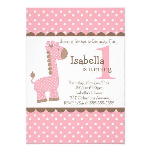 Cute Jungle Safari Pink Giraffe Birthday Party Custom Announcement