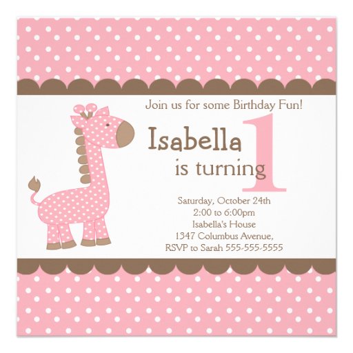 Cute Jungle Safari Pink Giraffe Birthday Party Personalized Invites
