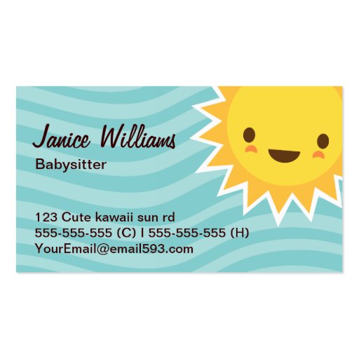 Cute kawaii sun cartoon character aqua babysitter business cards (front side)