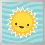 Cute kawaii sun cartoon character on blue kids posters
