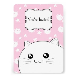 Cute Kawaii white kitty cat birthday party Personalized Announcement
