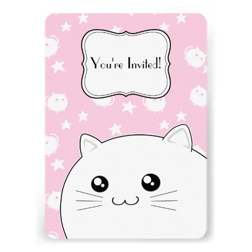 Cute Kawaii white kitty cat birthday party Personalized Announcement